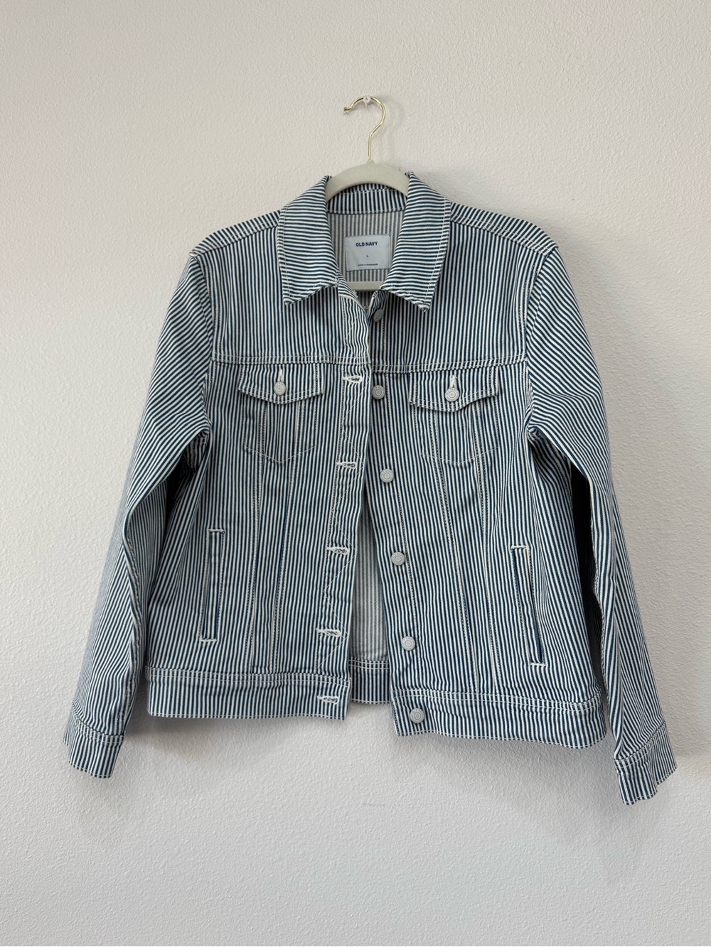 Old Navy White & Navy Railroad Hickory Stripe Denim Jacket Sz L